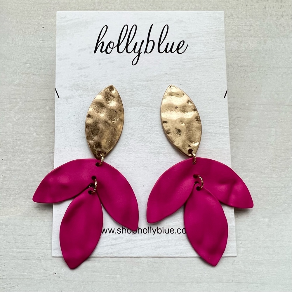 Vibrant Pink Color Coated Metal and Gold Tone Flower Earrings